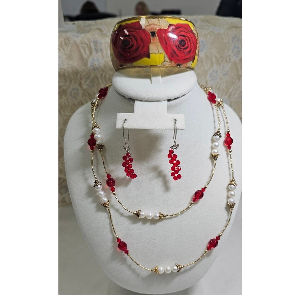 Elegant Red Crystal and White Pearl Jewelry Set with Bangle and Earrings
